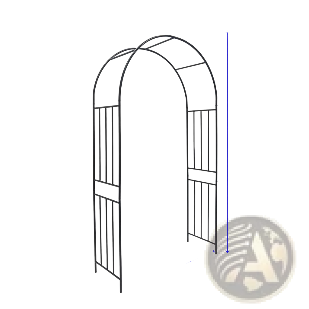 Black metal garden archway with arched top and vertical slats in wrought iron rose arbor design