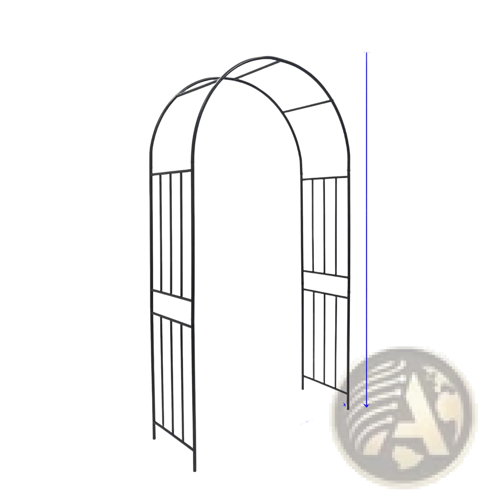 Black metal garden archway with arched top and vertical slats in wrought iron rose arbor design
