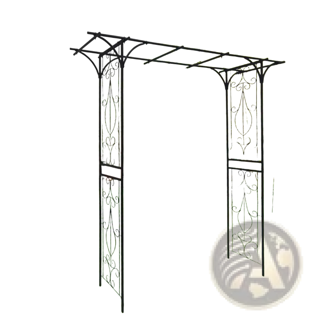 Black wrought iron metal garden arch with ornate scrollwork rose arbor design for outdoor use