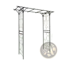 Black wrought iron metal garden arch with ornate scrollwork rose arbor design for outdoor use