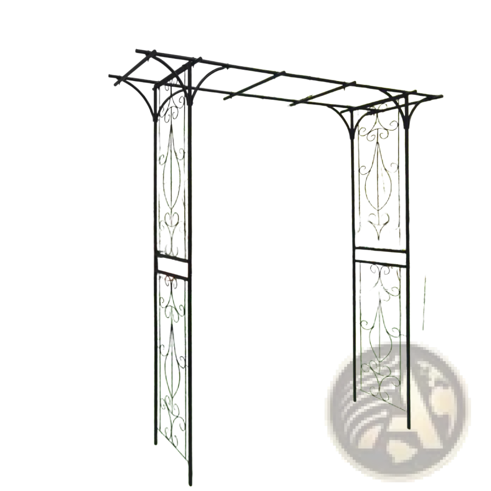 Black wrought iron metal garden arch with ornate scrollwork rose arbor design for outdoor use