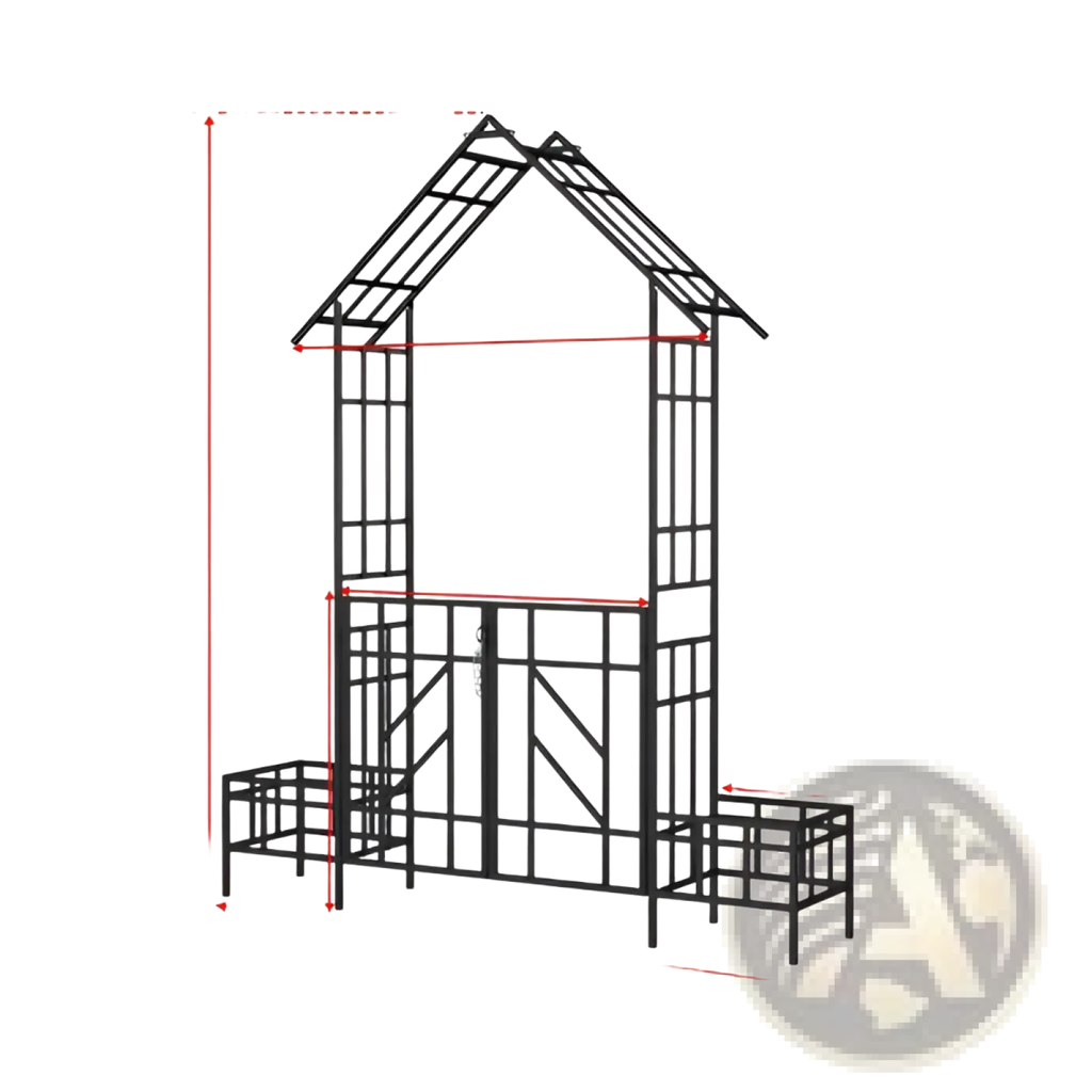 Black metal garden arbor with house-shaped roof built-in bench and gate planters for outdoor seating and decoration