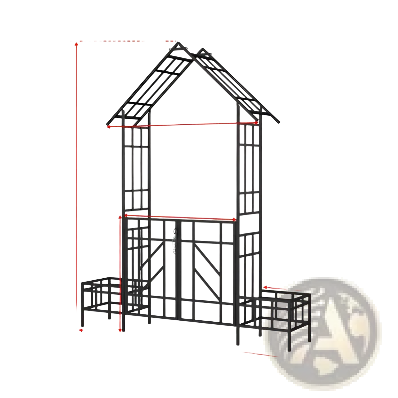 Black metal garden arbor with house-shaped roof built-in bench and gate planters for outdoor seating and decoration