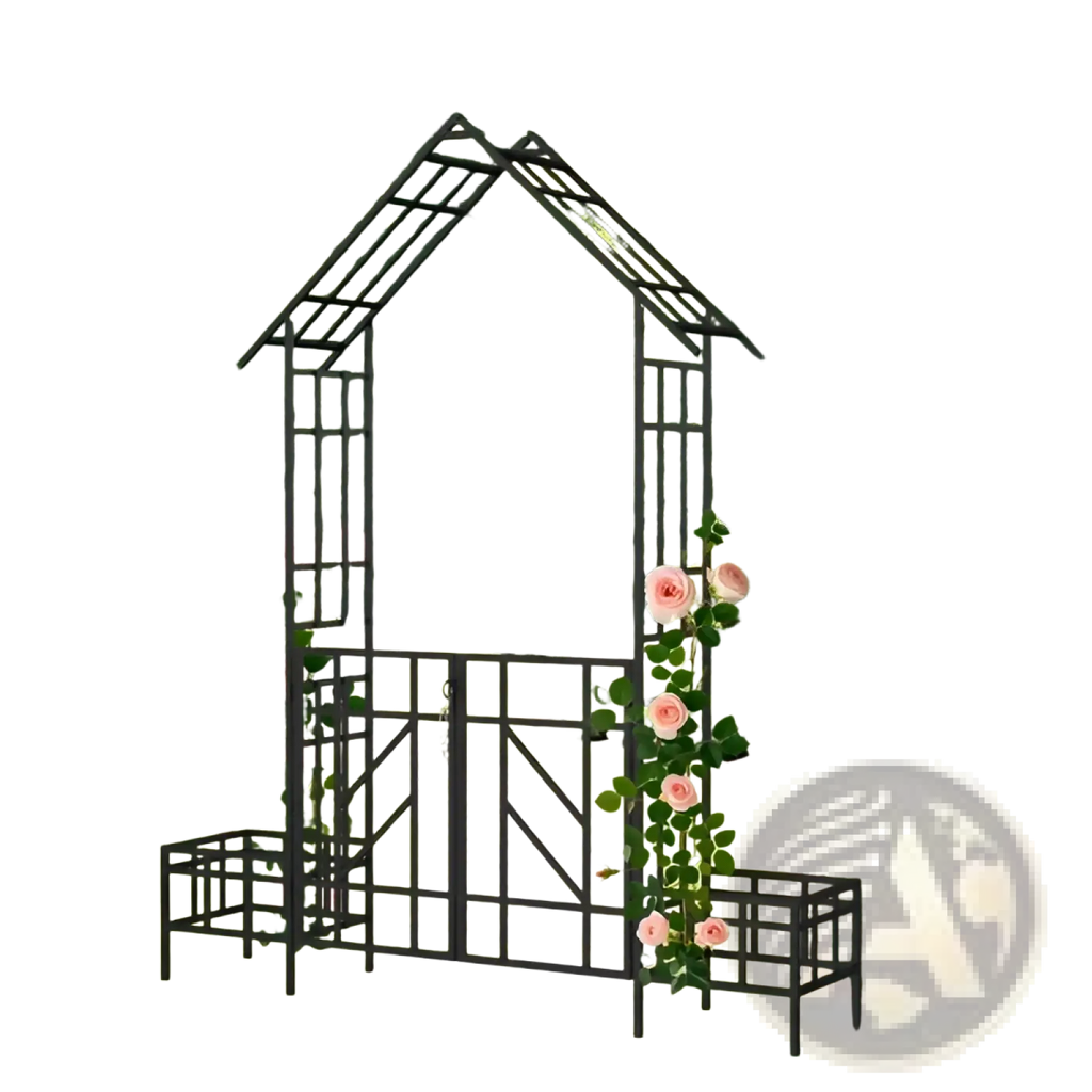 Black metal garden arbor with gate bench and planters featuring pink roses climbing its frame