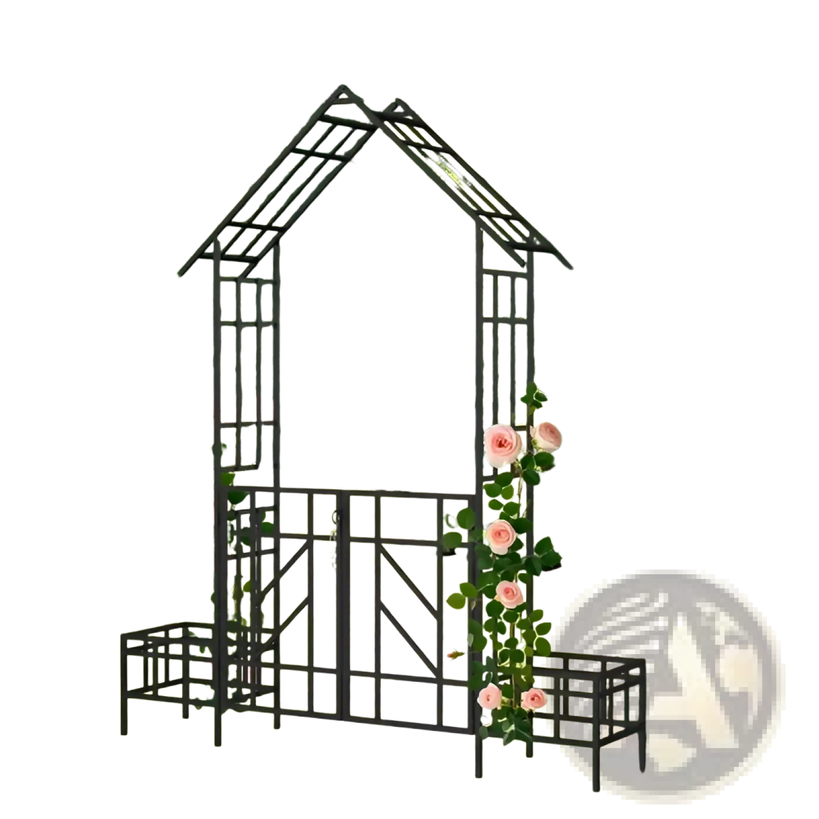 Black metal garden arbor with gate bench and planters featuring pink roses climbing its frame