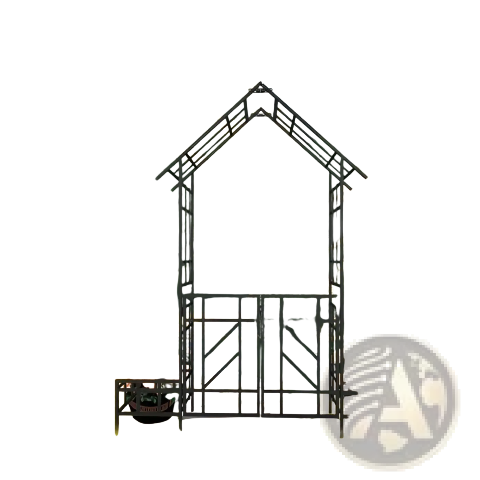 Black wrought iron metal garden arch with gate bench and decorative lattice panels for outdoor use