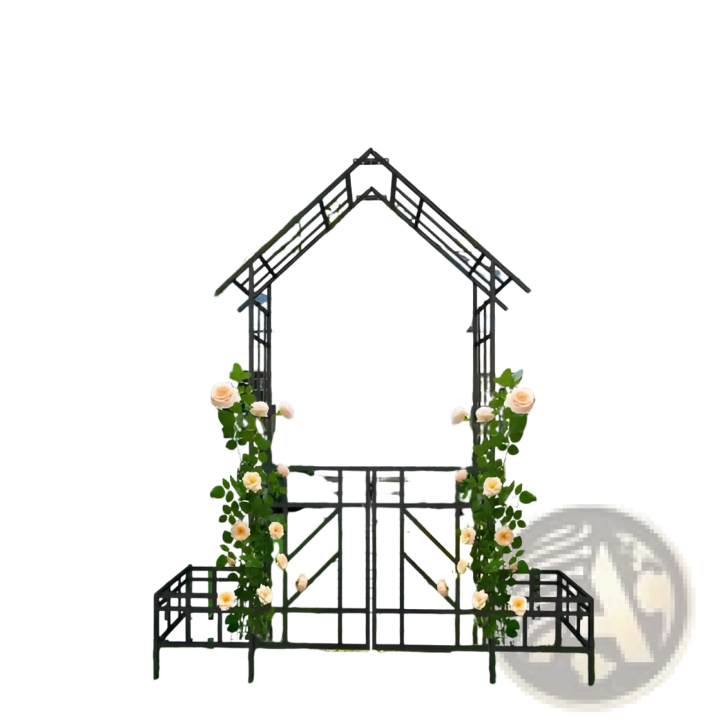 Black wrought iron metal garden arch with gate bench and planters featuring climbing peach roses