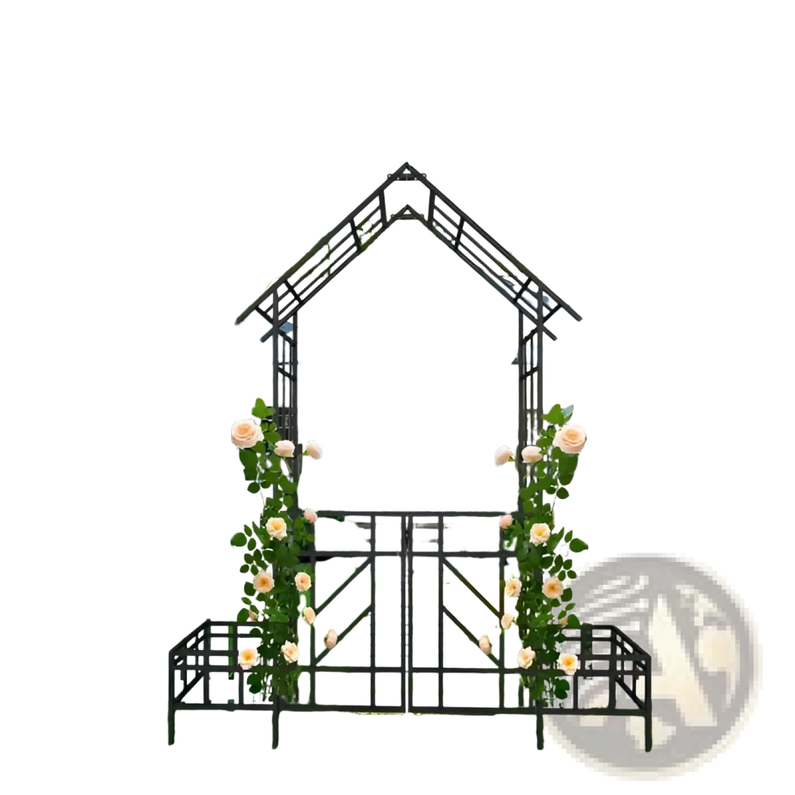 Black wrought iron metal garden arch with gate bench and planters featuring climbing peach roses