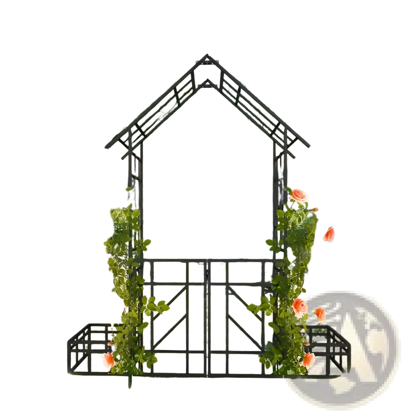 Black wrought iron metal garden arch with gate bench and planters adorned with climbing roses and trimmed hedges