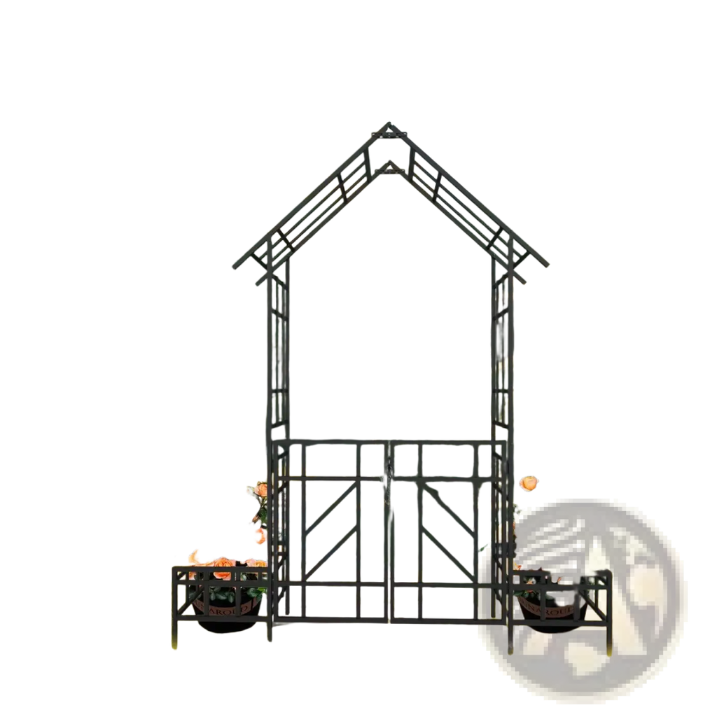 Black wrought iron metal garden arch with decorative lattice gate bench and floral planters on either side