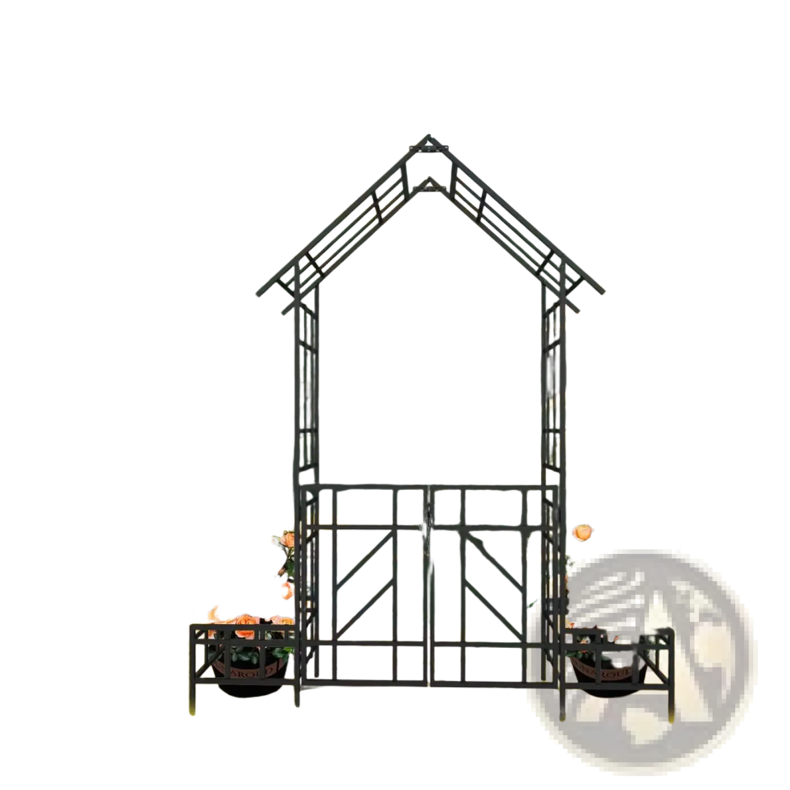 Black wrought iron metal garden arch with decorative lattice gate bench and floral planters on either side