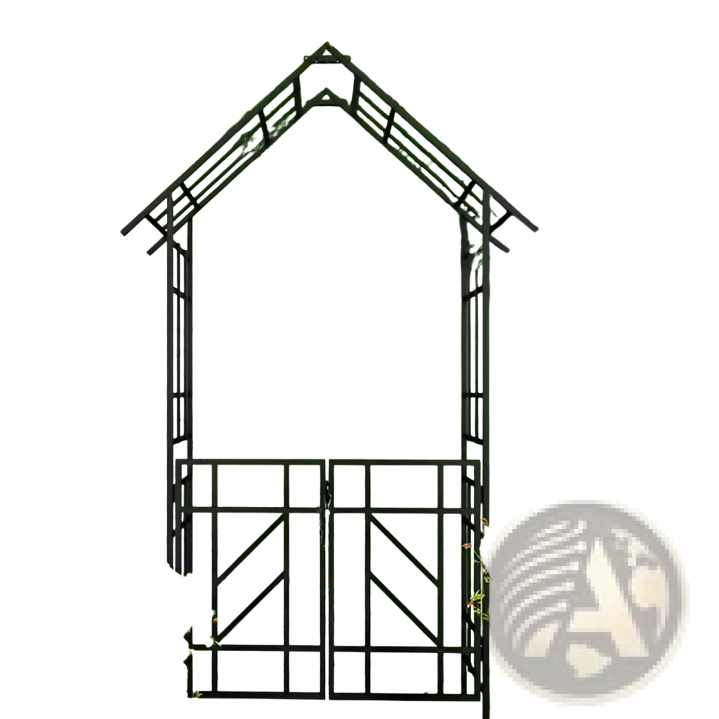 Black metal garden arbor with gate and house-shaped top featuring decorative bird finials for outdoor entryway use