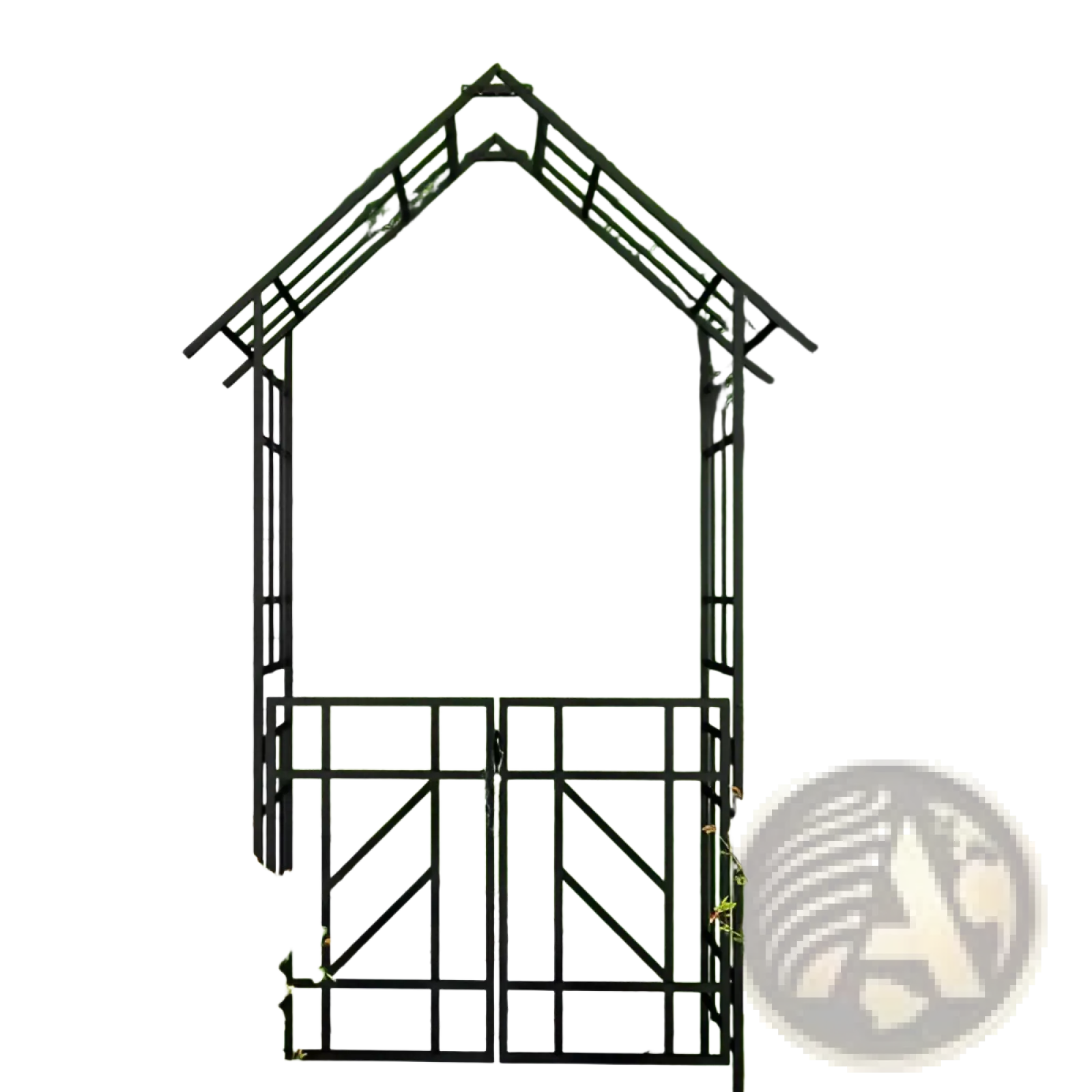 Black metal garden arbor with gate and house-shaped top featuring decorative bird finials for outdoor entryway use