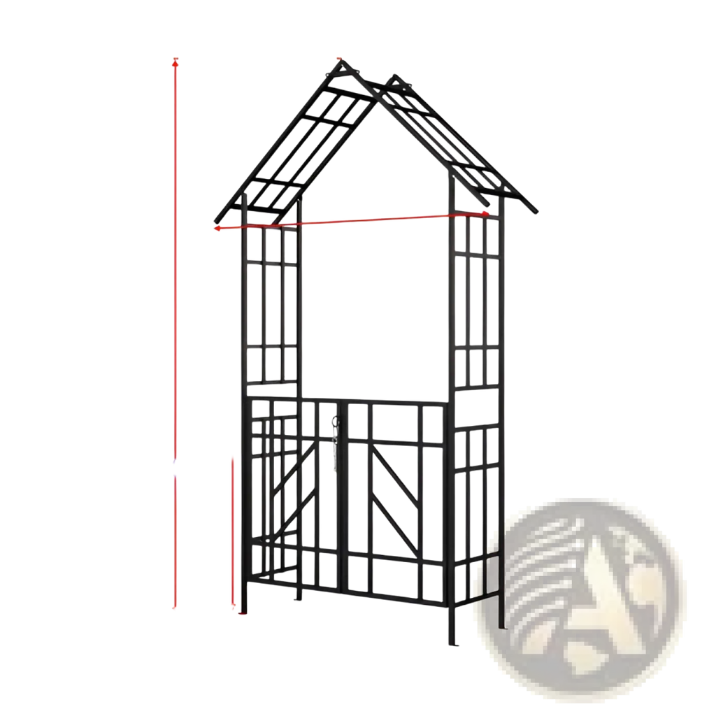 Black metal garden arbor with peaked roof lattice panels gate and decorative bird finials for outdoor entryway use