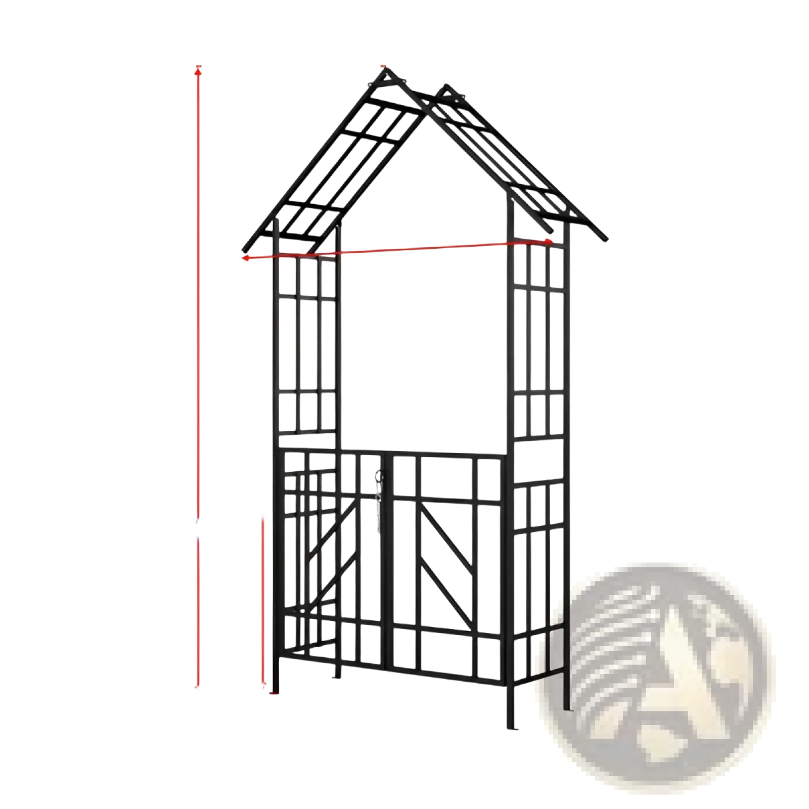 Black metal garden arbor with peaked roof lattice panels gate and decorative bird finials for outdoor entryway use