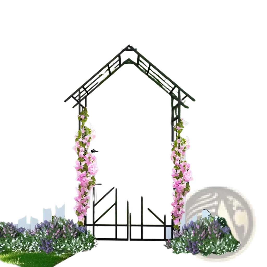 Black metal garden arch with gate and bird finials featuring pink flowering vines climbing its frame