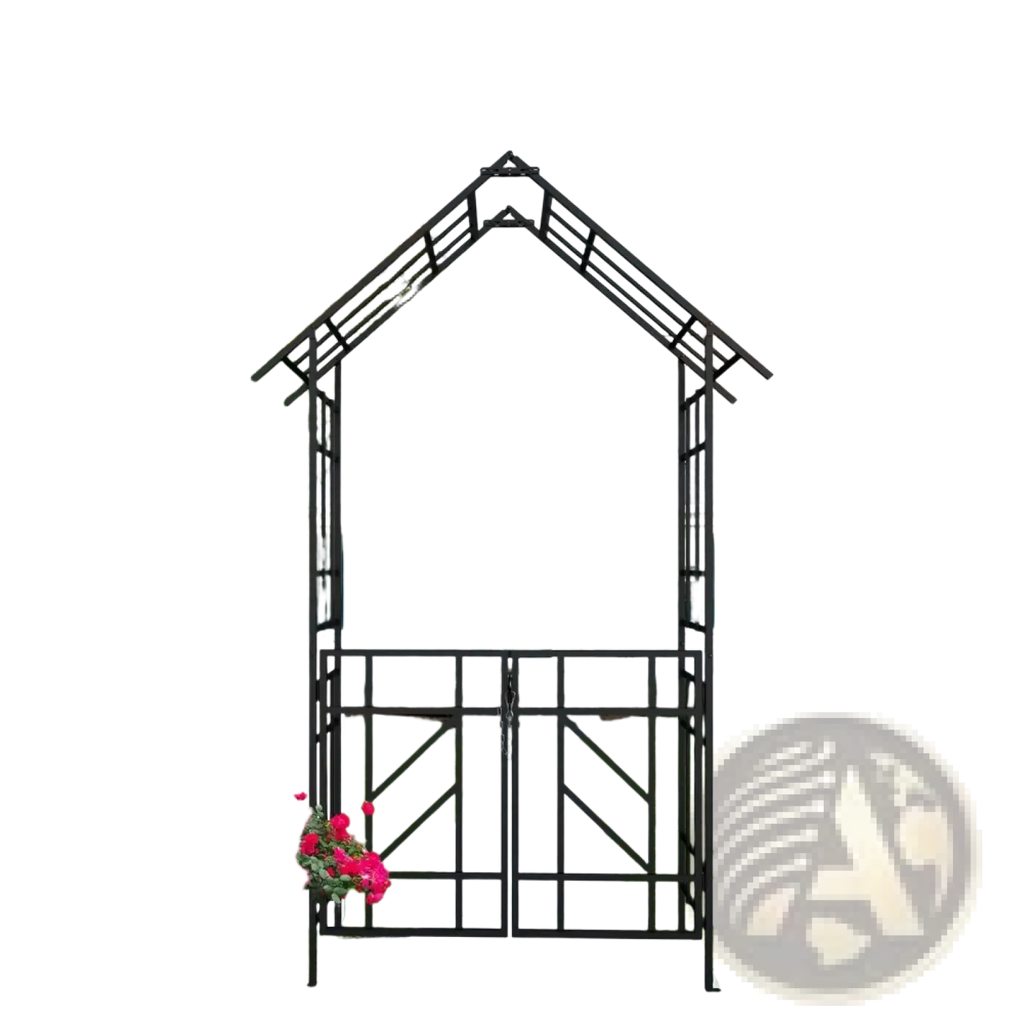 Black wrought iron metal garden arch with gate featuring decorative lattice design and pointed arch top with bird finials