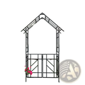 Black wrought iron metal garden arch with gate featuring decorative lattice design and pointed arch top with bird finials