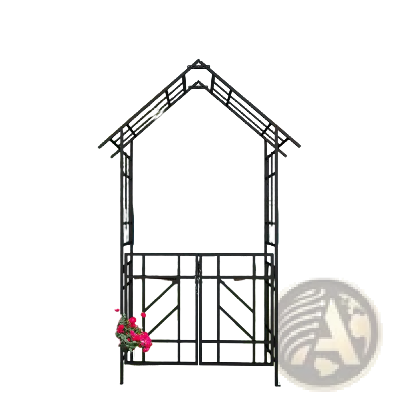 Black wrought iron metal garden arch with gate featuring decorative lattice design and pointed arch top with bird finials