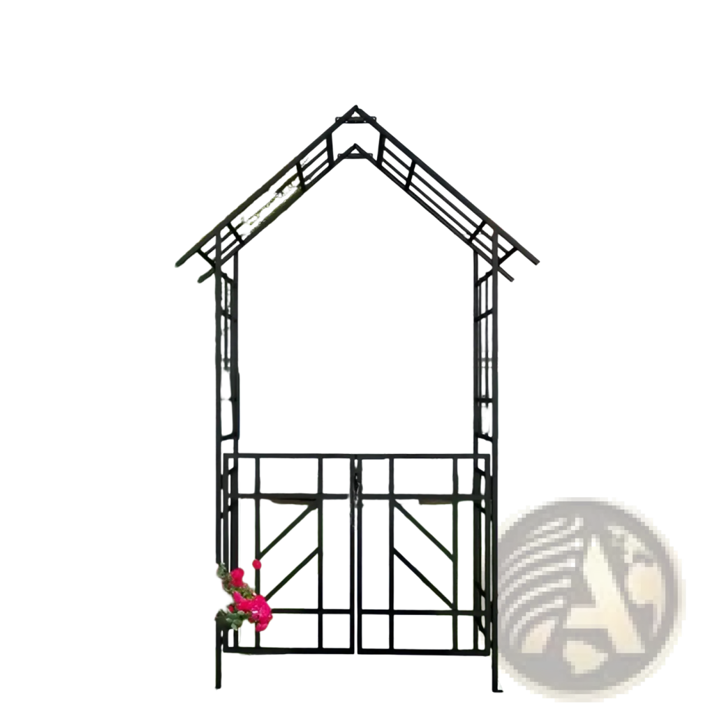Black wrought iron metal garden arch with gate and bird finials featuring decorative lattice design and side panels