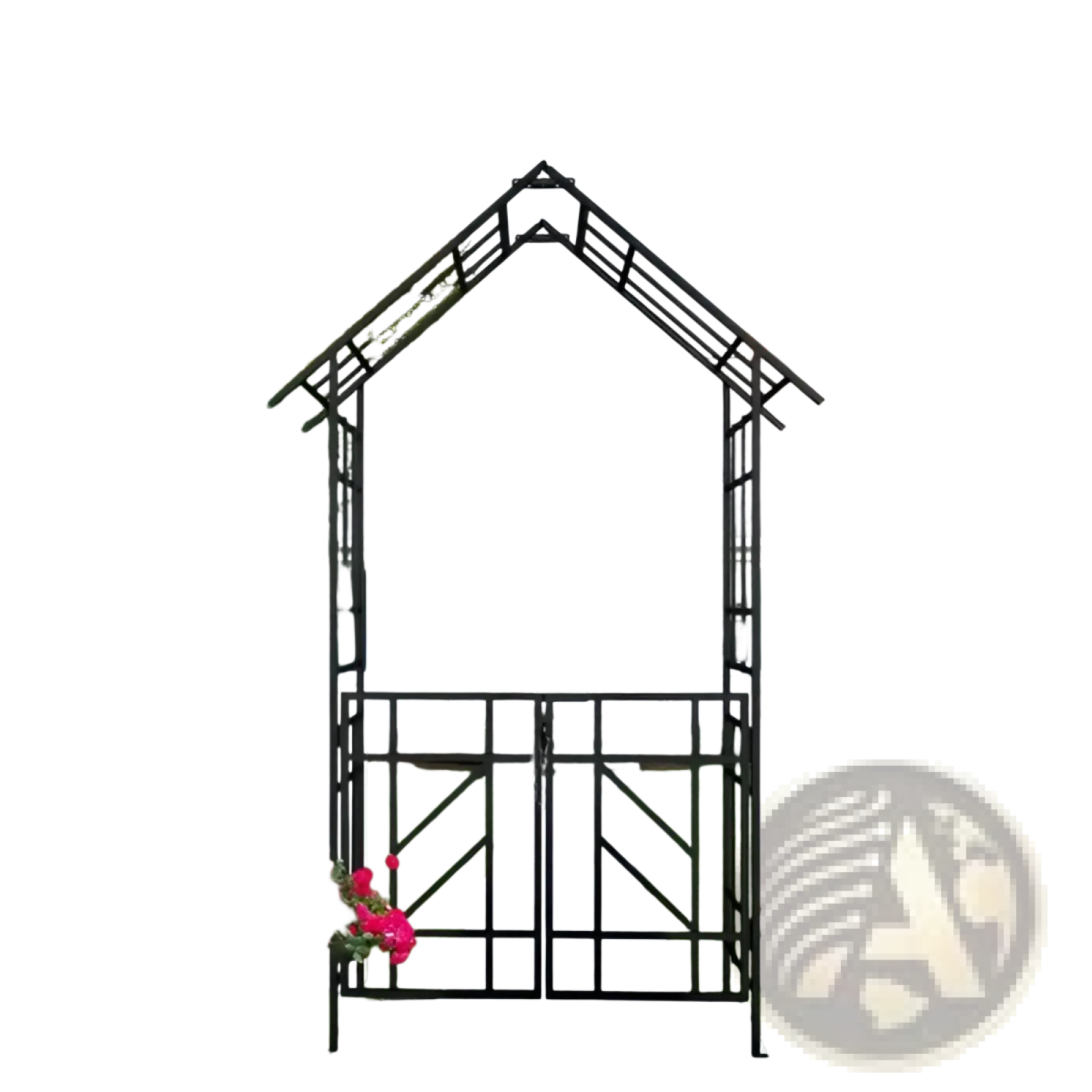 Black wrought iron metal garden arch with gate and bird finials featuring decorative lattice design and side panels