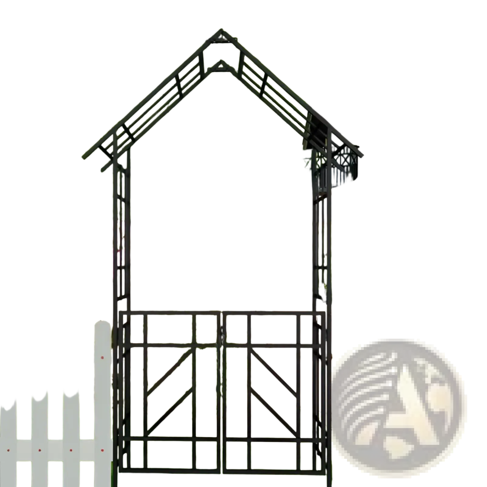 Black wrought iron metal garden arch with gate and decorative bird finials for outdoor garden use