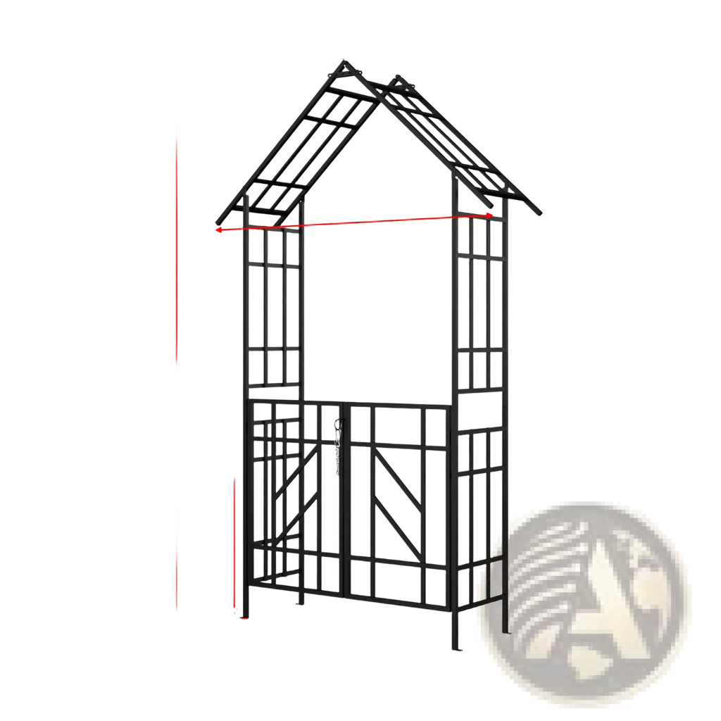 Black metal garden arbor with peaked roof and lattice panels metal garden arch with gate black iron trellis 97 inch