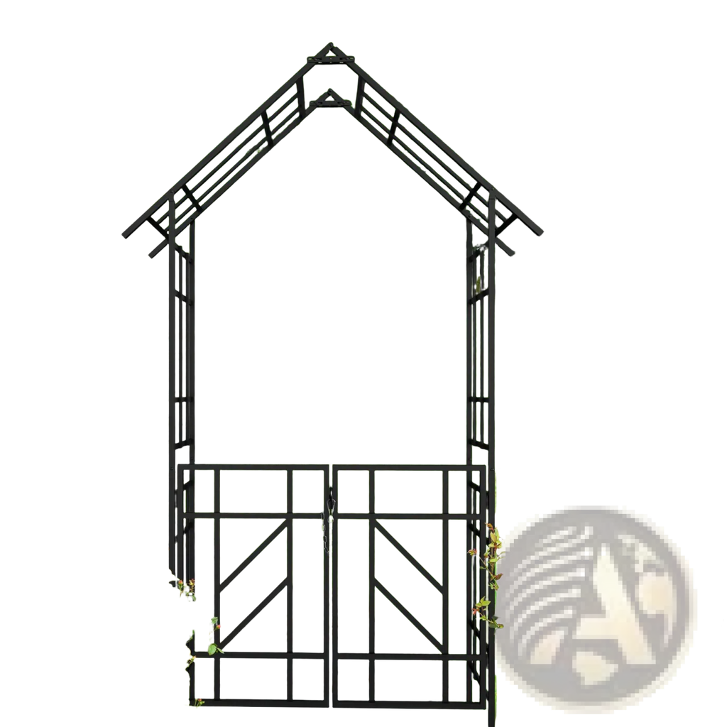 Black metal garden arbor with decorative lattice gate made of iron trellis measuring 97 inches tall