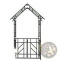 Black metal garden arbor with decorative lattice gate made of iron trellis measuring 97 inches tall