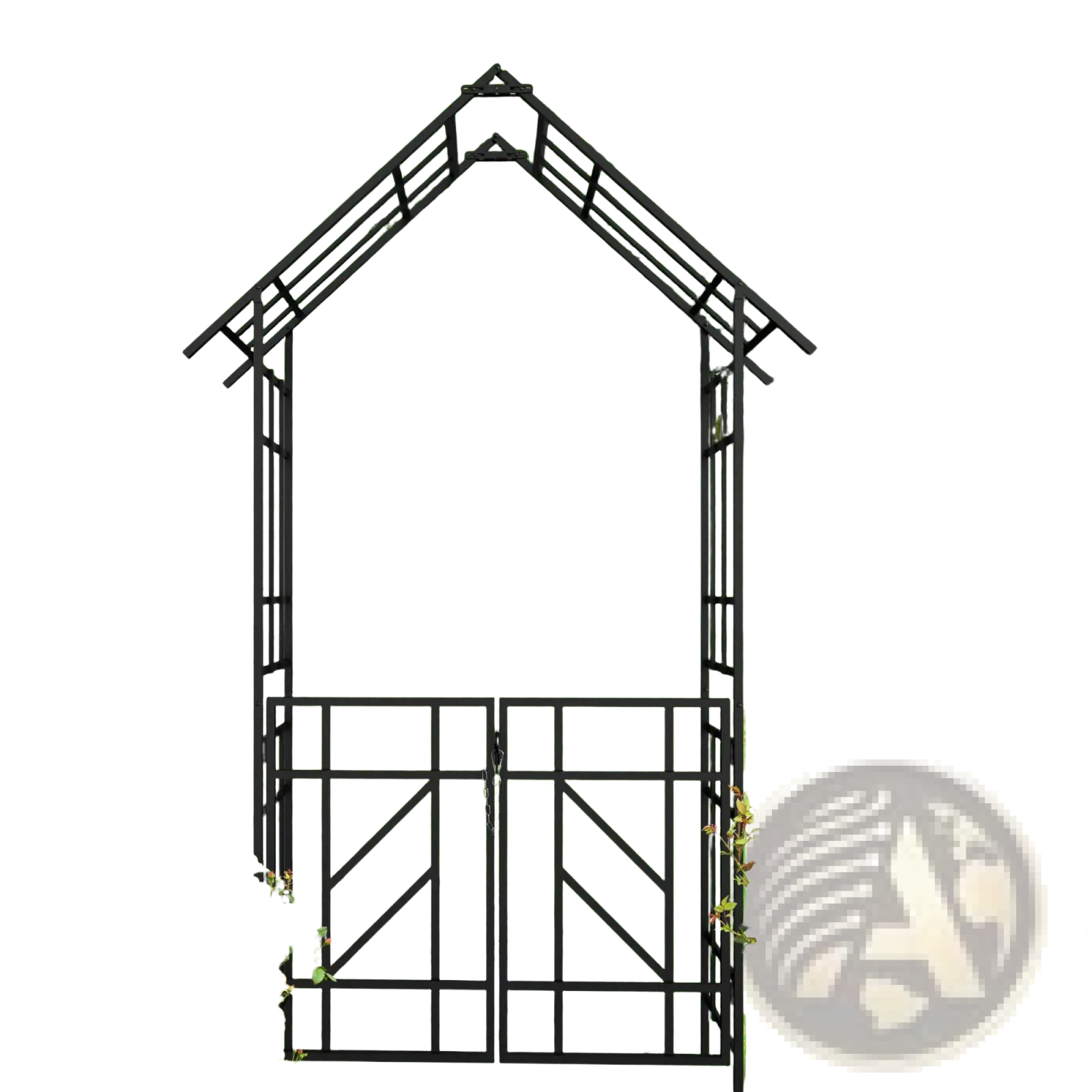 Black metal garden arbor with decorative lattice gate made of iron trellis measuring 97 inches tall