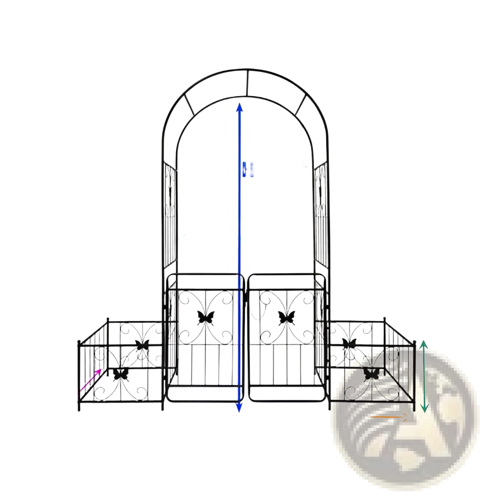 Black wrought iron metal garden arch with gate butterfly trellis arbor featuring decorative archway design