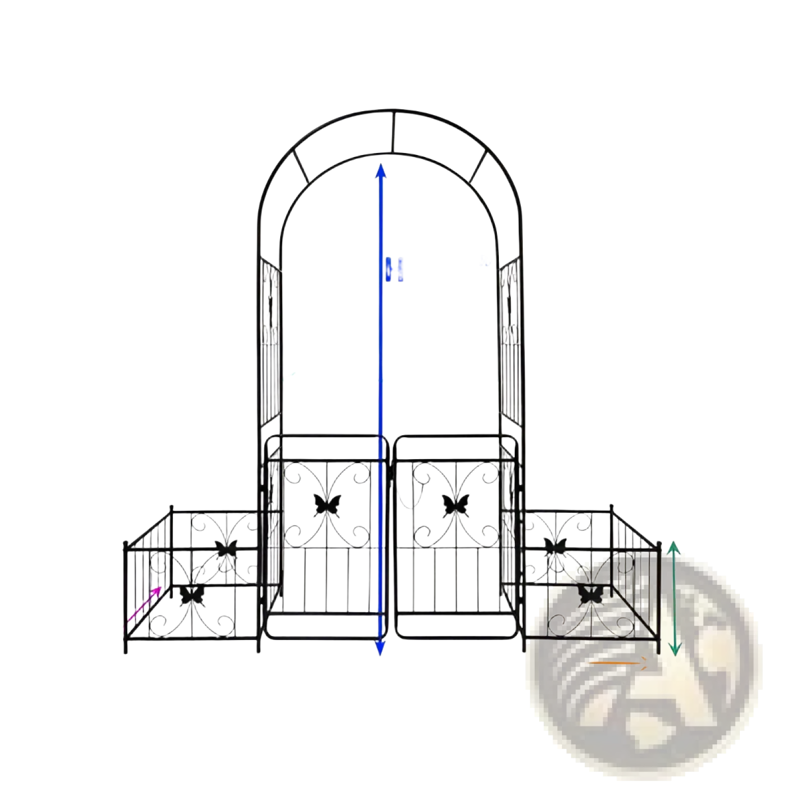 Black wrought iron metal garden arch with gate butterfly trellis arbor featuring decorative archway design