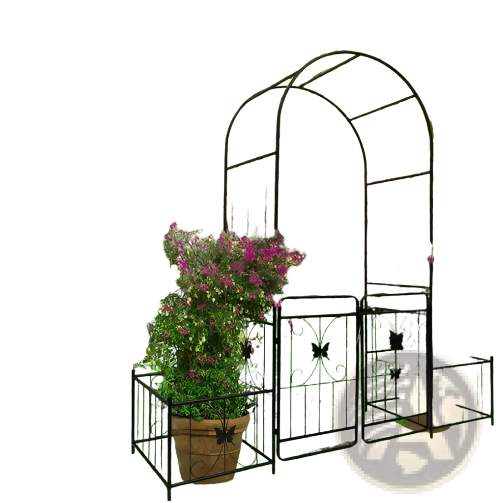 Black wrought iron metal garden arch with gate butterfly trellis arbor adorned with pink flowering plants
