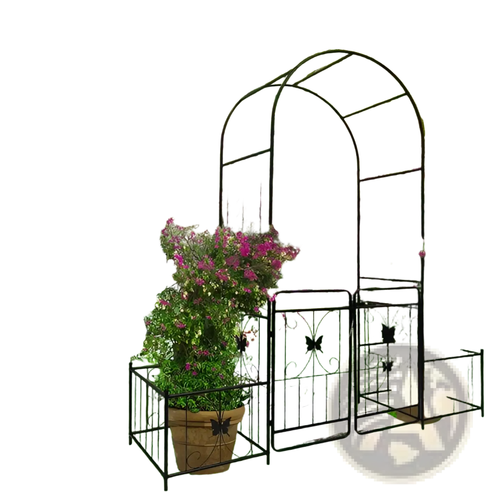 Black wrought iron metal garden arch with gate butterfly trellis arbor adorned with pink flowering plants