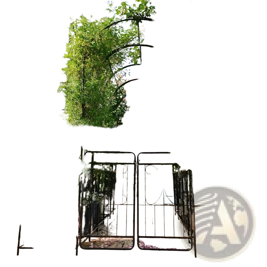 Black wrought iron metal garden arch with gate butterfly trellis arbor adorned with pink climbing roses and green foliage