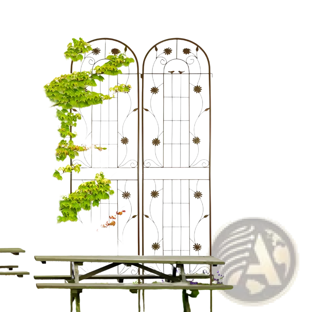 Metal garden trellis 2 pack with arched top dark brown iron floral vine design for rose flower support