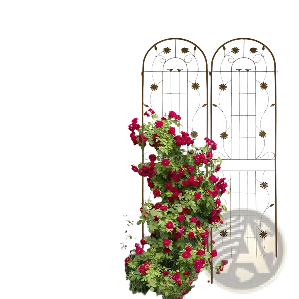 Metal garden trellis 2 pack with arched top and floral motifs supporting vibrant red roses made of ornamental metal