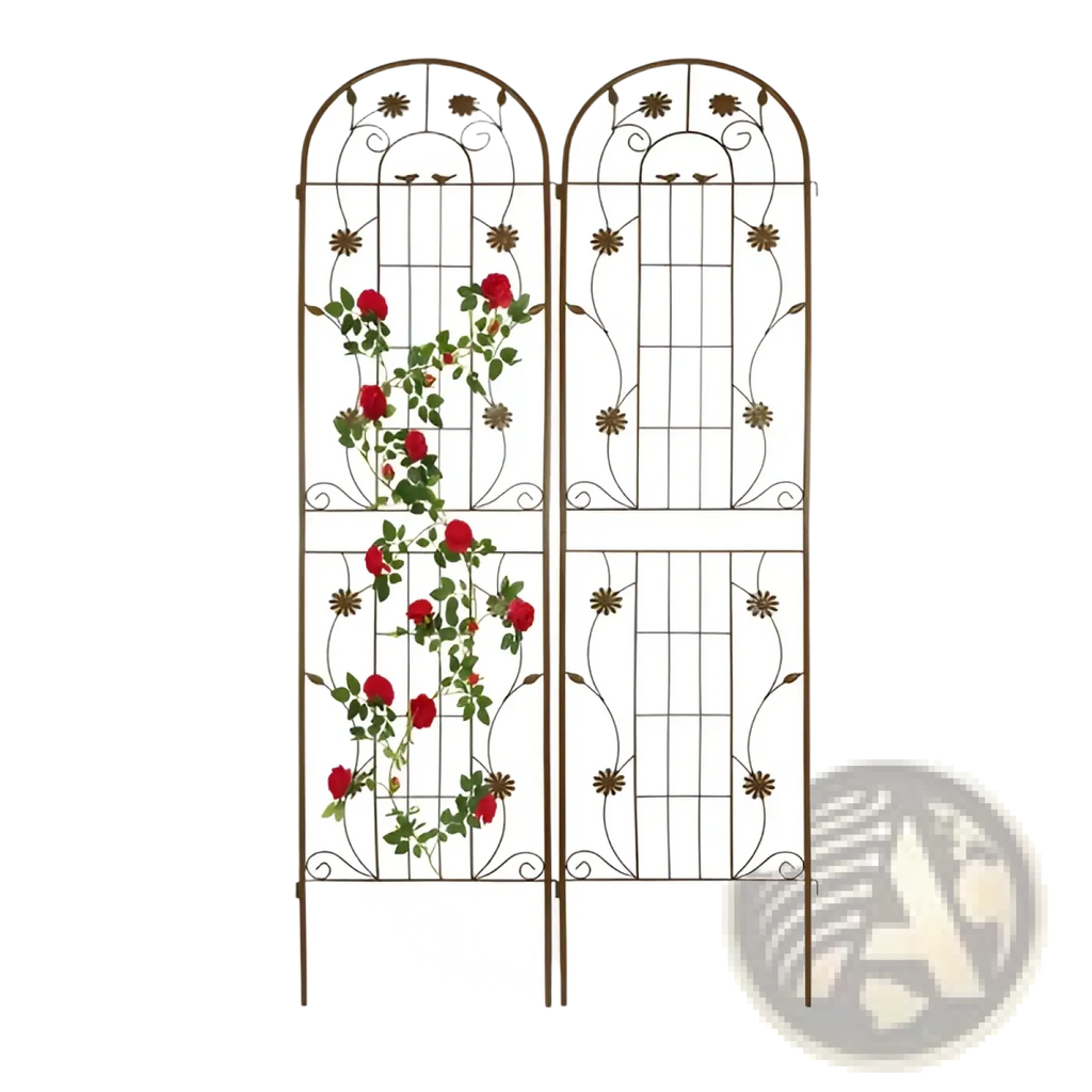 Metal garden trellis 2 pack with arched top iron frame featuring floral vine design with red roses and green leaves