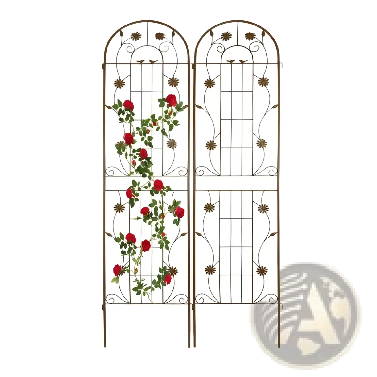 Metal garden trellis 2 pack with arched top iron frame featuring floral vine design with red roses and green leaves