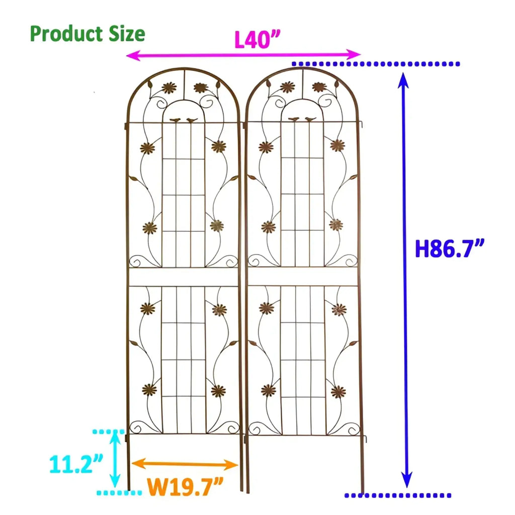 Brown wrought iron metal garden trellis 2 pack with arched rose flower support and floral vine scrollwork design