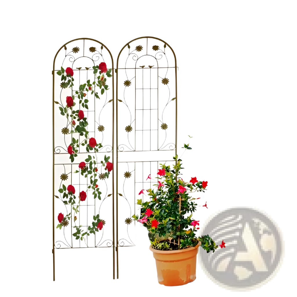 Ornate black wrought iron metal garden trellis 2 pack with arched top and floral vine design for rose support