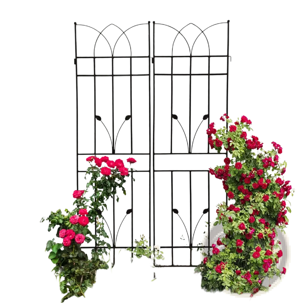 Black wrought iron garden trellis with arched top and decorative leaf motifs metal garden trellis 2 pack 71 inch