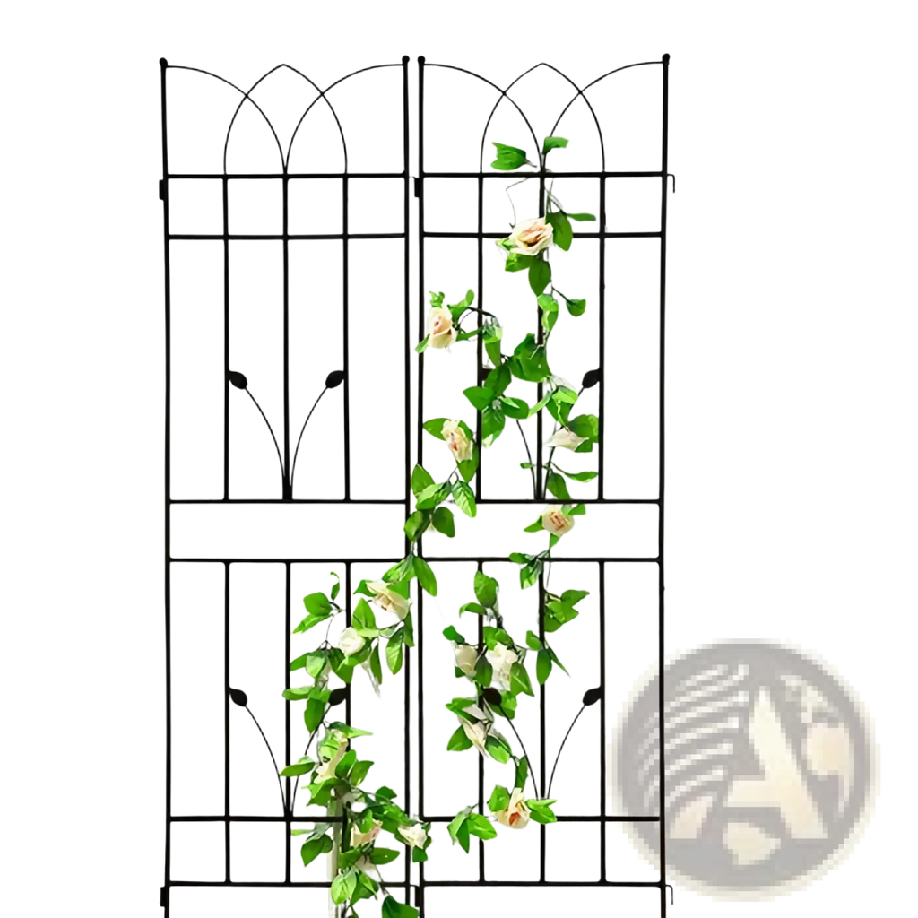Black wrought iron metal garden trellis 2 pack with arched top and artificial cream rose vine decor 71 inch