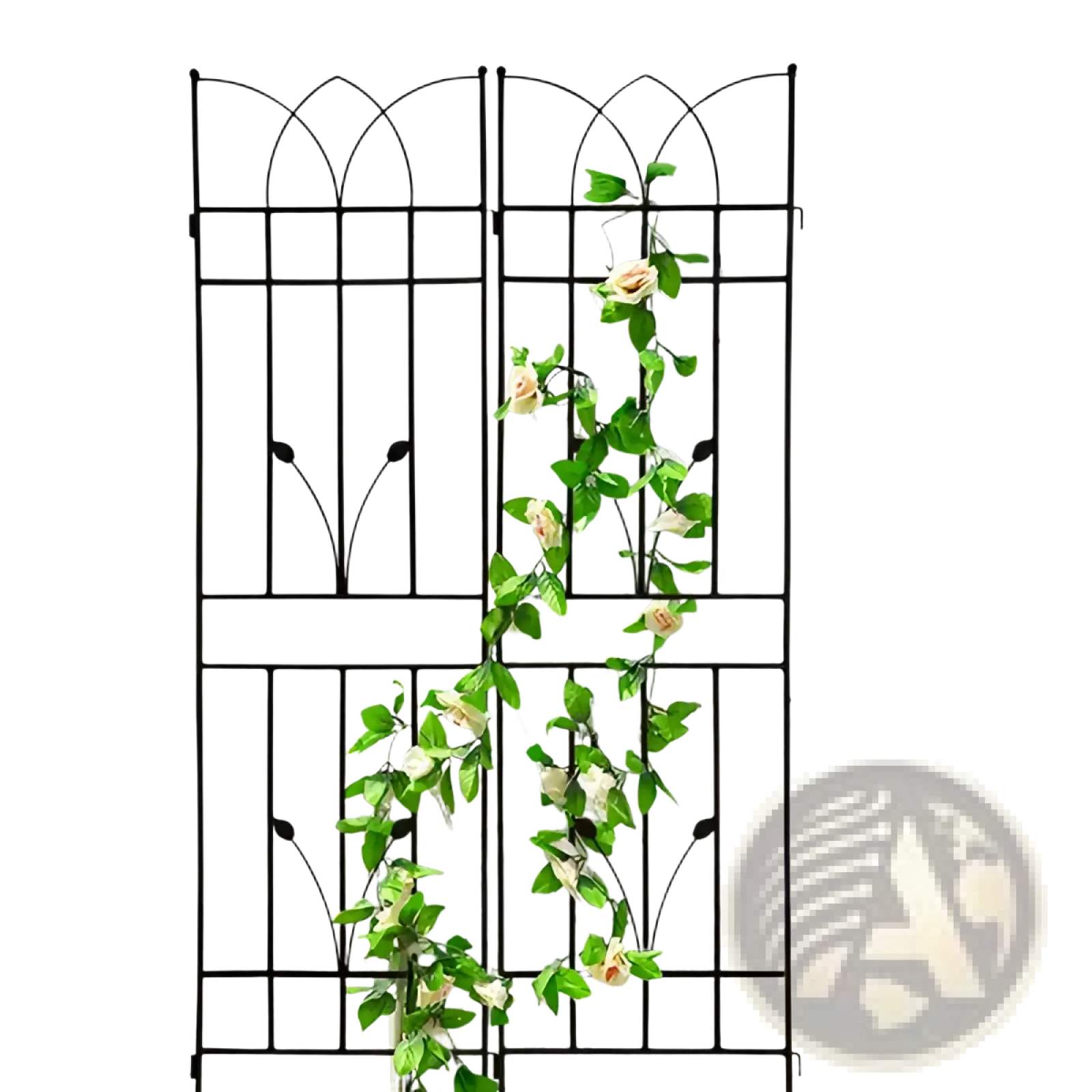 Black wrought iron metal garden trellis 2 pack with arched top and artificial cream rose vine decor 71 inch