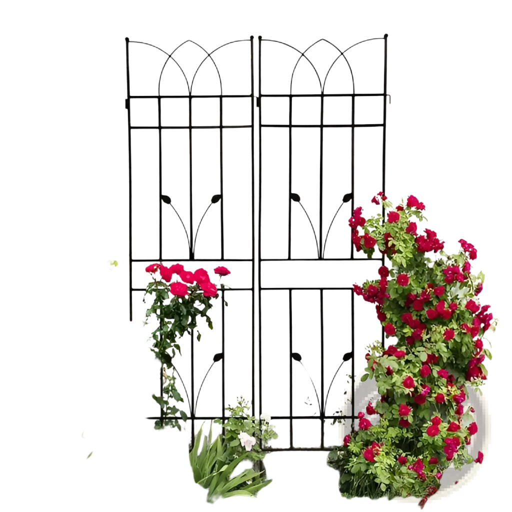 Black wrought iron metal garden trellis 2 pack with arched top and decorative rose leaf motifs 71 inch tall