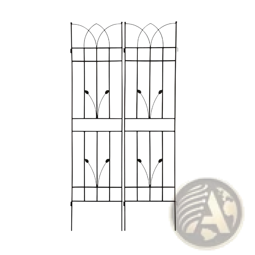 Black wrought iron metal garden trellis with arched top and vertical bars 71 inch 2 pack with rose decor