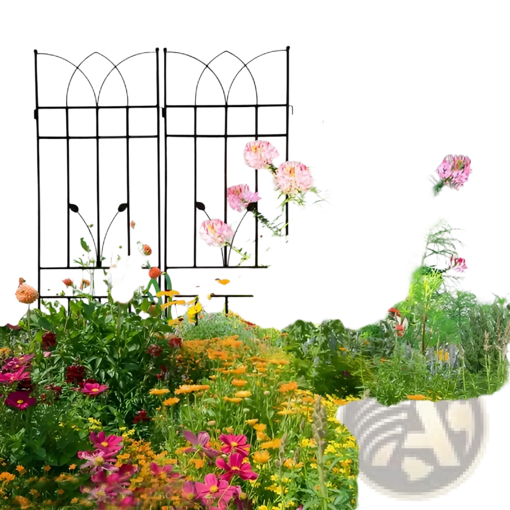 Black wrought iron metal garden trellis 2 pack with arched top and decorative rose leaf motifs 71 inch tall