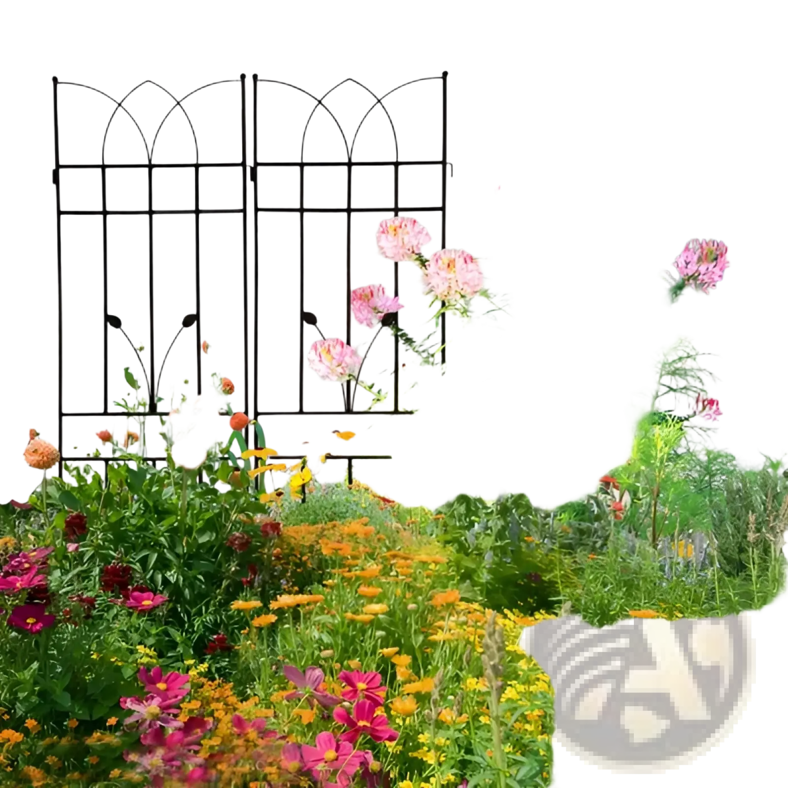 Black wrought iron metal garden trellis 2 pack with arched top and decorative rose leaf motifs 71 inch tall