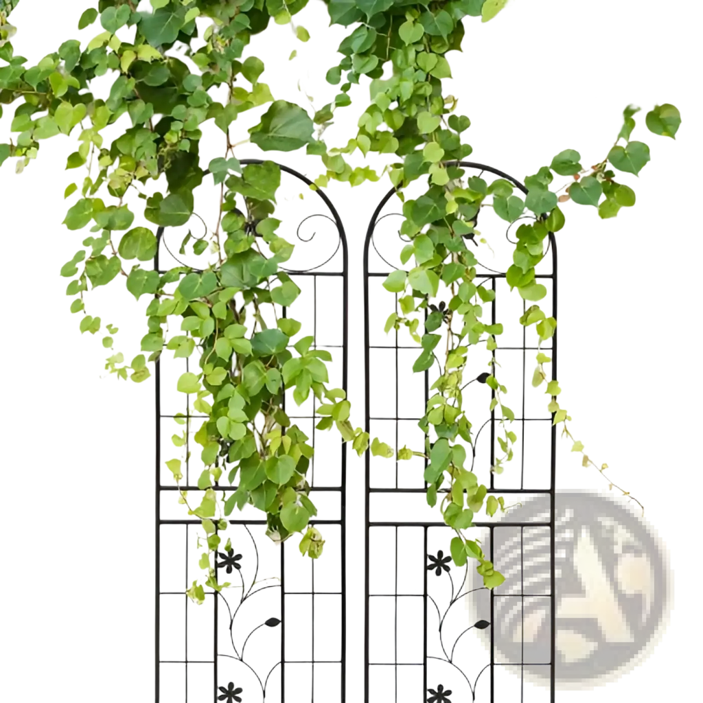 Black wrought iron metal garden trellis 2 pack with rustproof butterfly design and cascading green ivy adornment