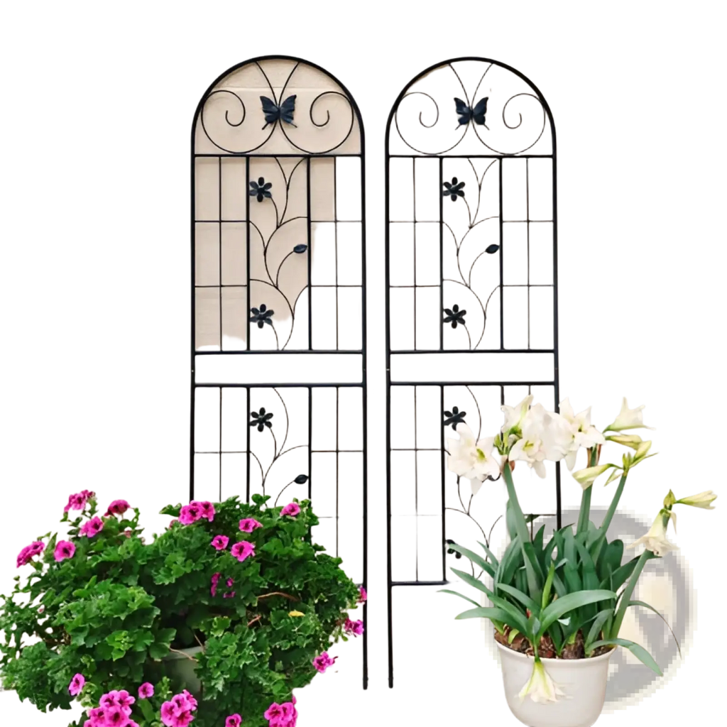Black wrought iron garden trellis 2 pack rustproof butterfly design with arched top and floral accents 71in tall